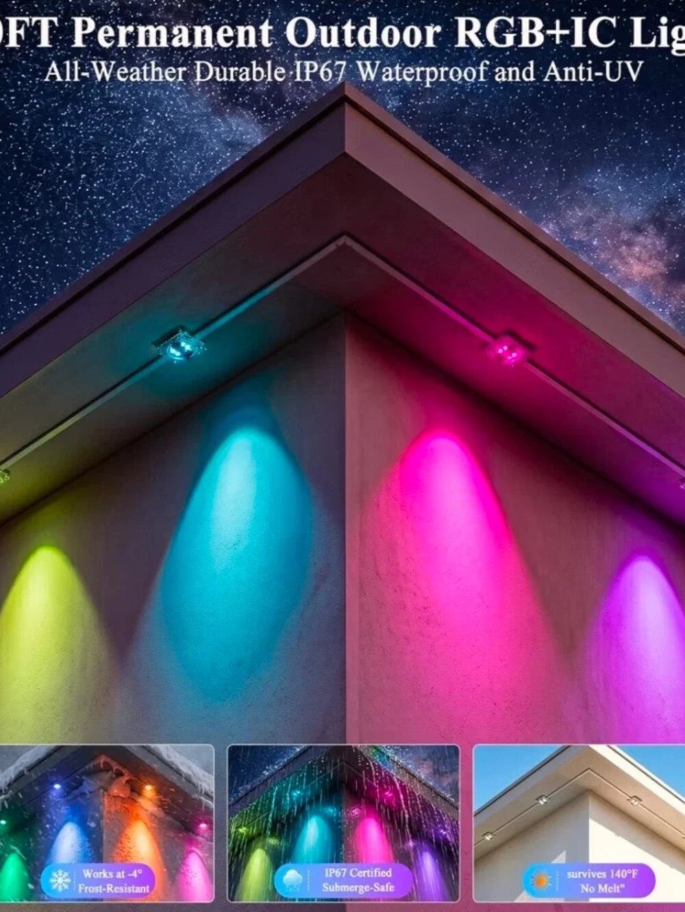 400FT Smart Permanent Outdoor Lights, RGB+IC Eave Outdoor Lights.